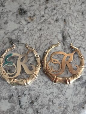 Gold Initial 'R' Bamboo Hoop Earrings - Women's Jewelry